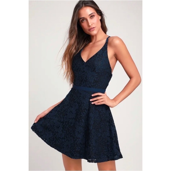 LULUS Dancing in The Moonlight Navy Blue Lace Backless Skater Dress Size… - Picture 1 of 6
